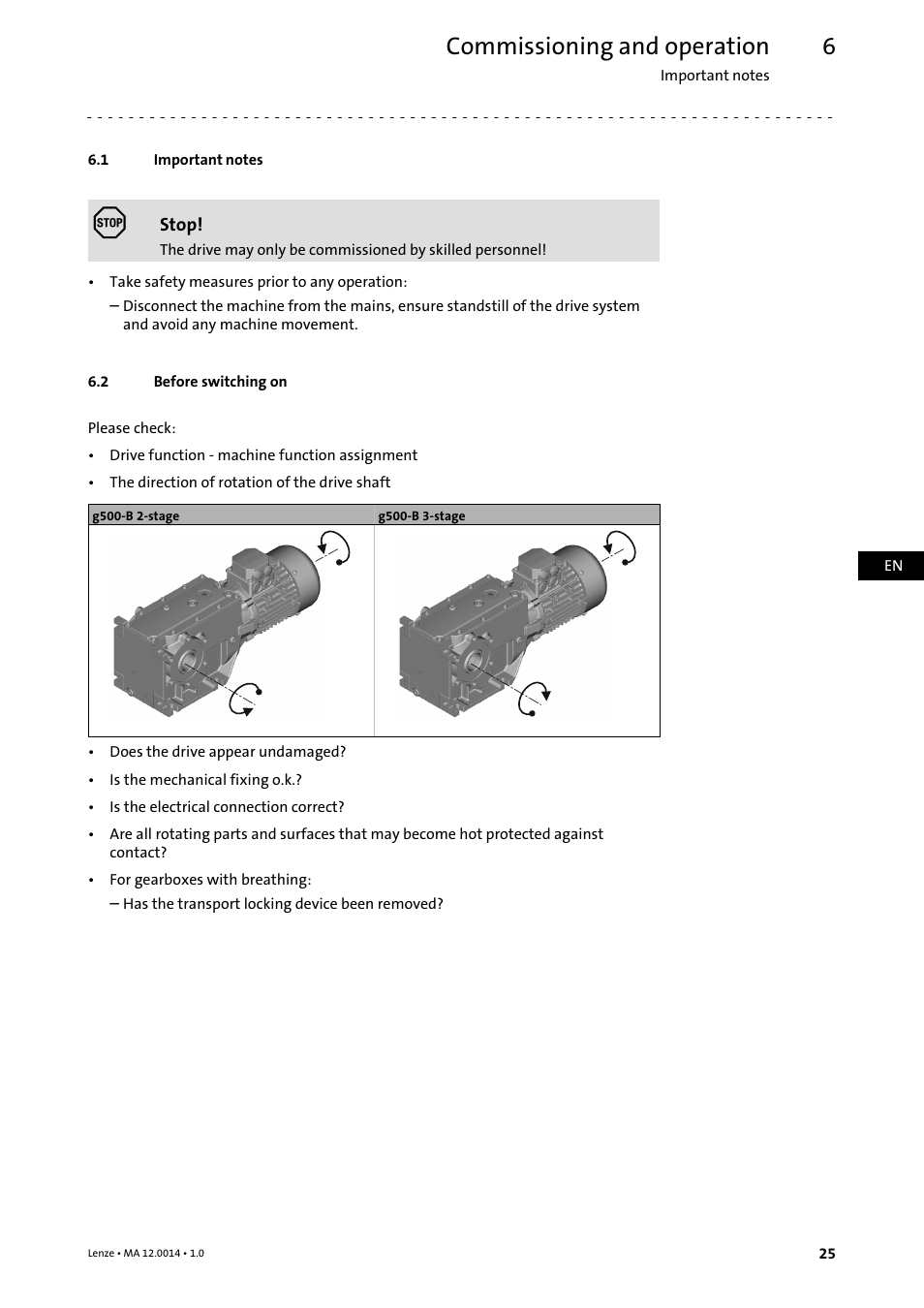 6 commissioning and operation, 1 important notes, 2 before switching on | Commissioning and operation, Important notes, Before switching on | Lenze g500 User Manual | Page 25 / 36