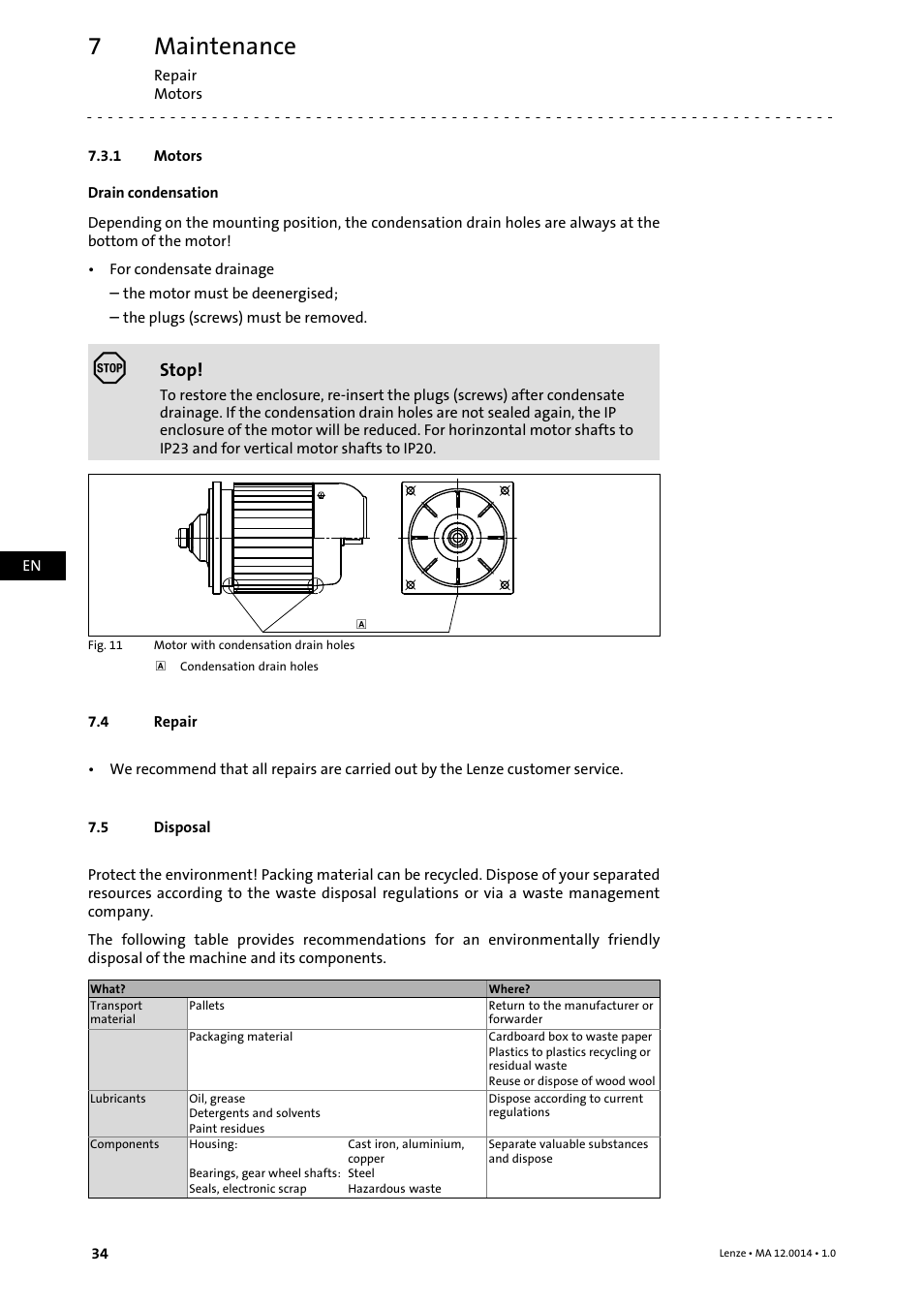 1 motors, 4 repair, 5 disposal | Motors, Repair, Disposal, Maintenance | Lenze g500 User Manual | Page 34 / 36