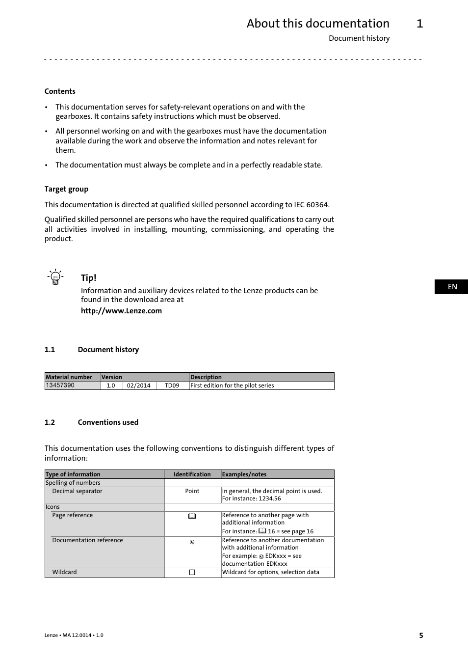 1 about this documentation, 1 document history, 2 conventions used | About this documentation, Document history, Conventions used | Lenze g500 User Manual | Page 5 / 36