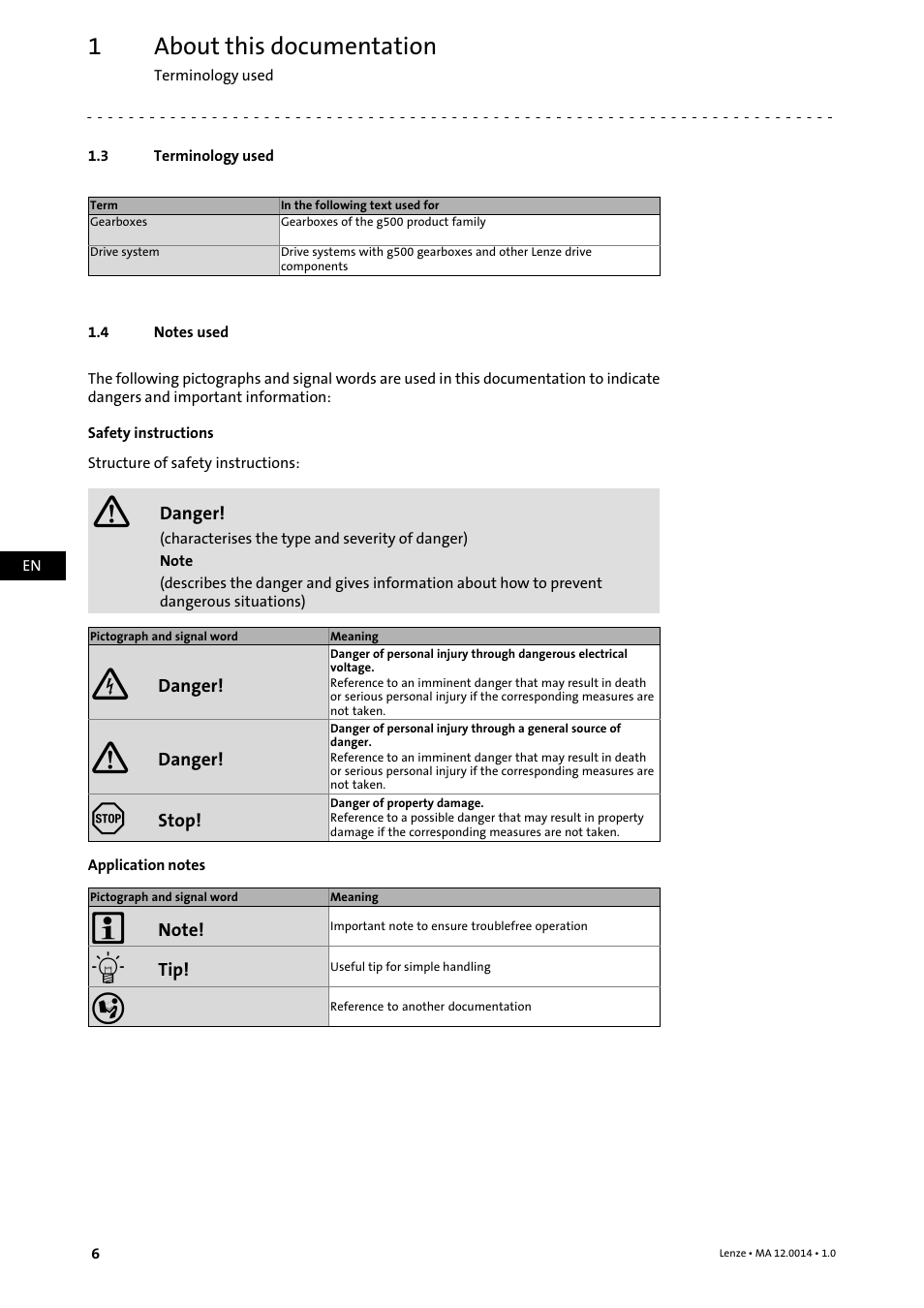 3 terminology used, 4 notes used, Terminology used | Notes used, About this documentation | Lenze g500 User Manual | Page 6 / 36