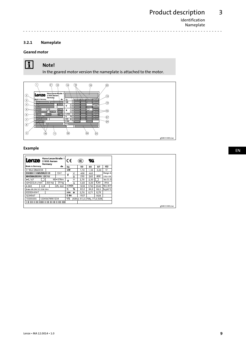 1 nameplate, Nameplate, Product description | Lenze g500 User Manual | Page 9 / 36