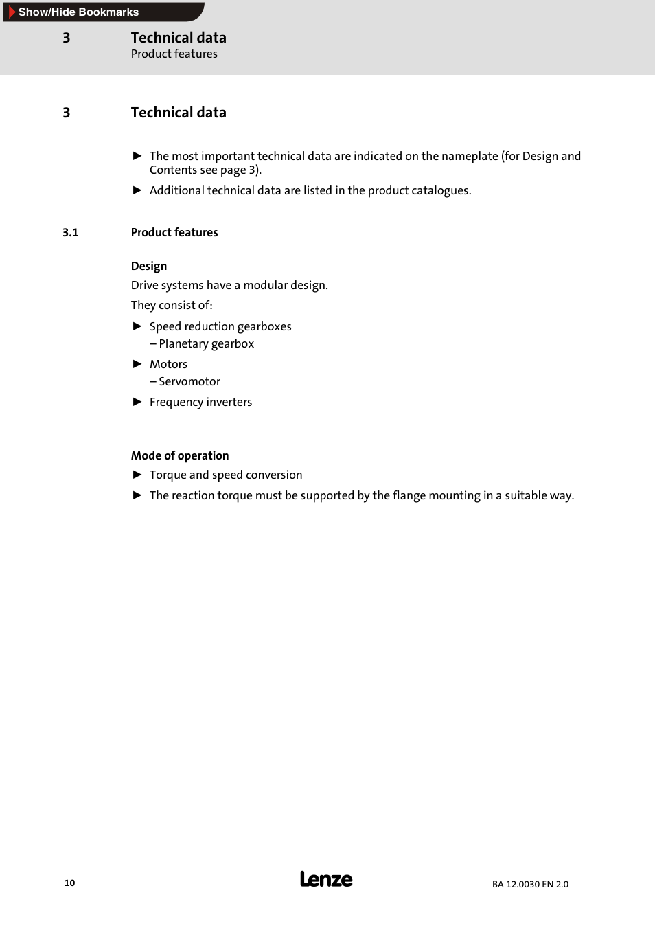 3 technical data, 1 product features, Technical data | 3technical data | Lenze GPA servo planetary geared motors User Manual | Page 10 / 23