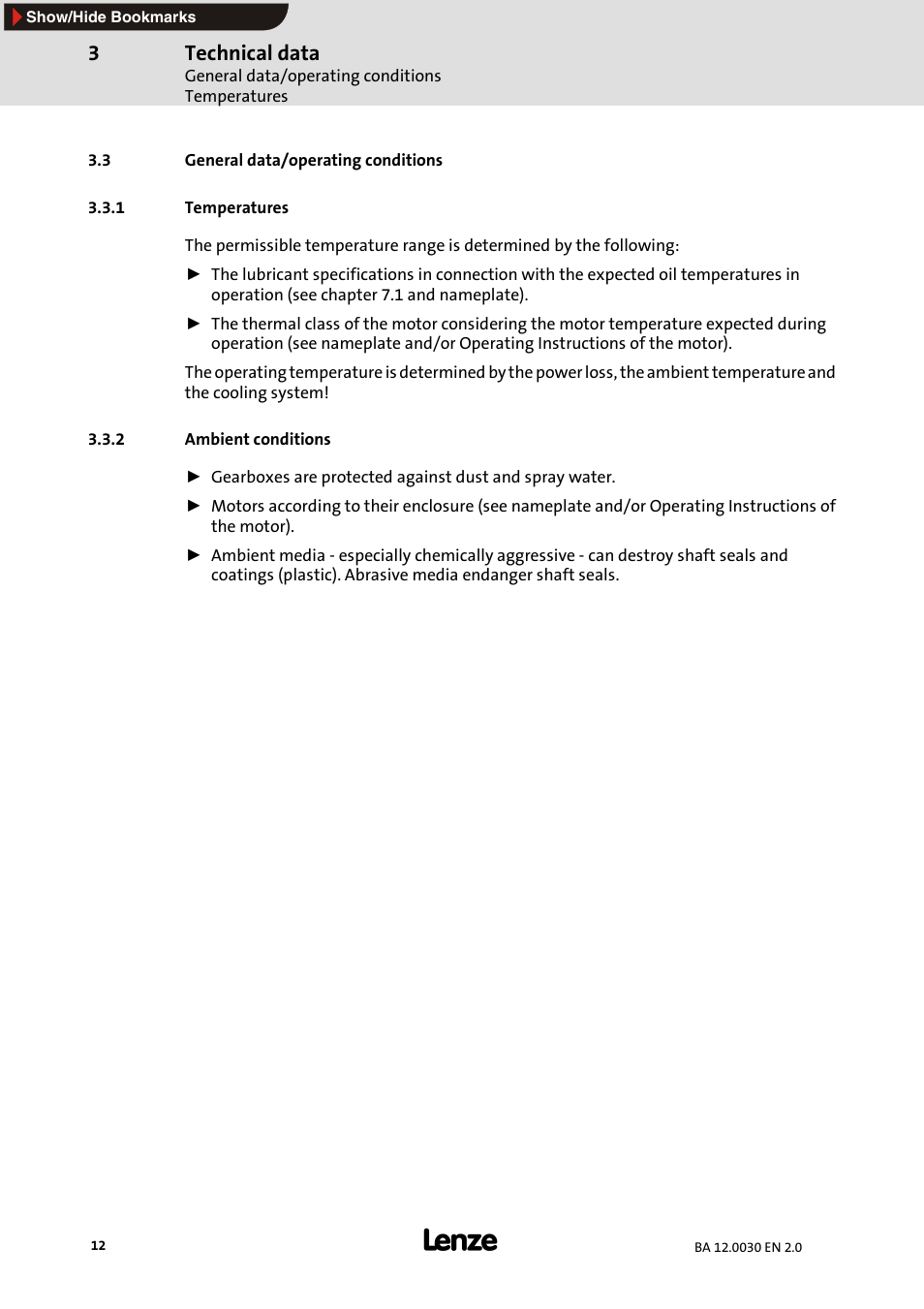 3 general data/ operating conditions, 1 temperatures, 2 ambient conditions | 3 general data/operating conditions, Temperatures, Ambient conditions, Technical data | Lenze GPA servo planetary geared motors User Manual | Page 12 / 23