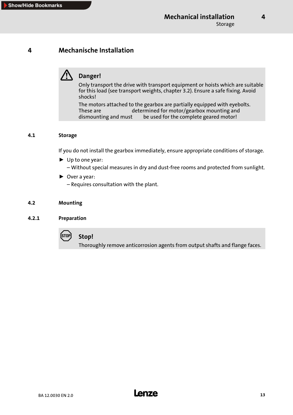 4 mechanische installation, 1 storage, 2 mounting | 1 preparation, Mechanische installation, Preparation | Lenze GPA servo planetary geared motors User Manual | Page 13 / 23