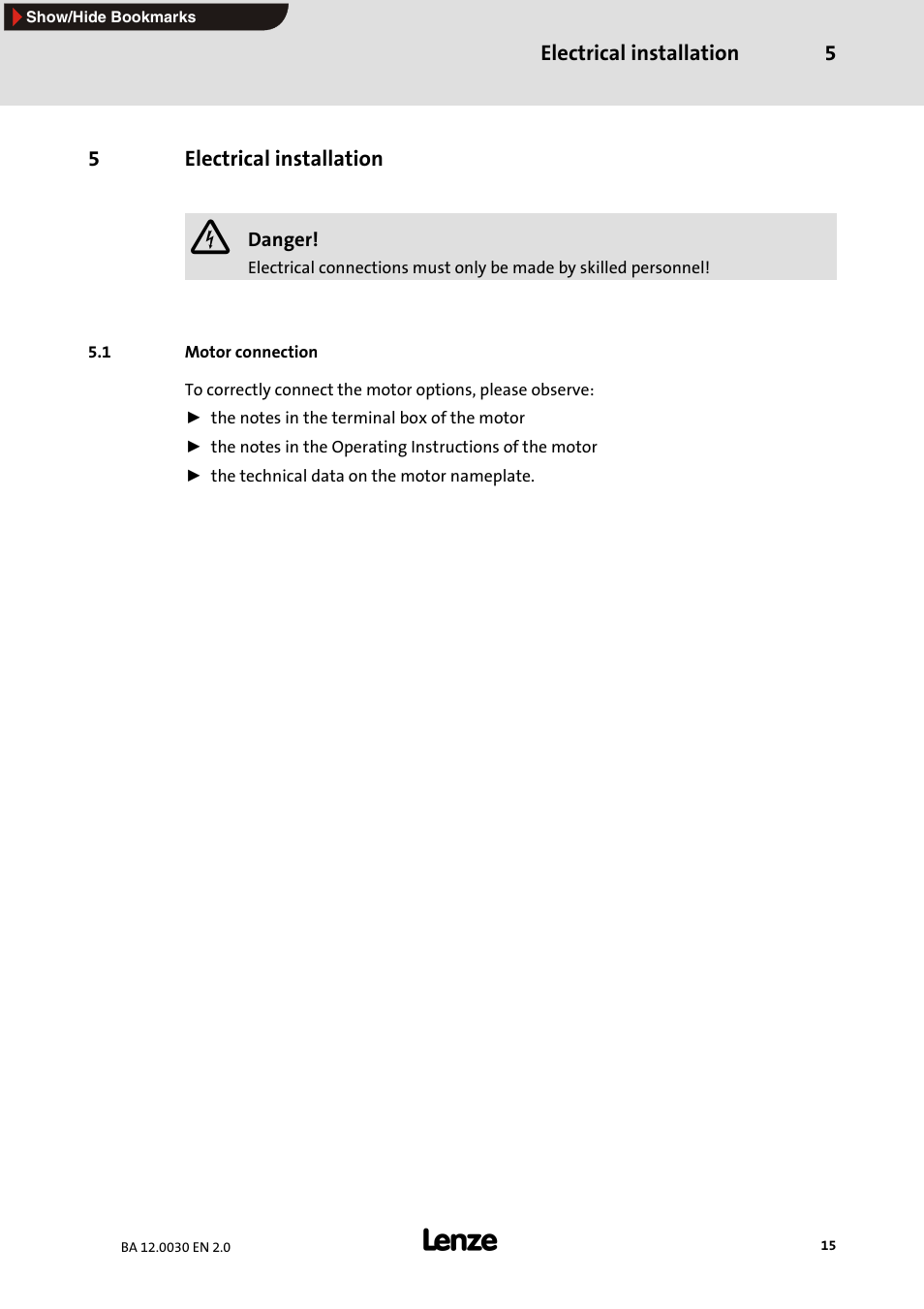 5 electrical installation, 1 motor connection, Electrical installation | Motor connection | Lenze GPA servo planetary geared motors User Manual | Page 15 / 23