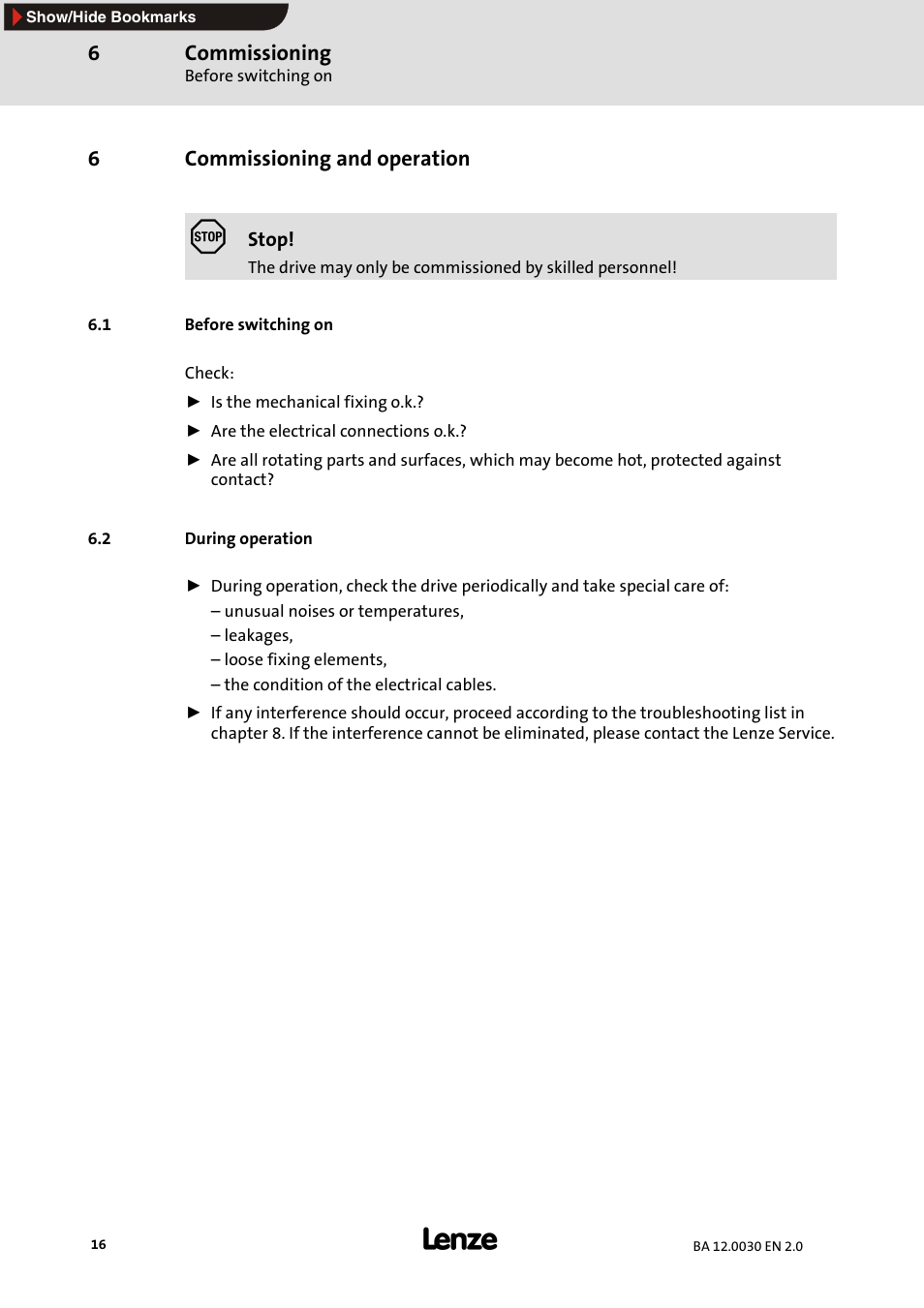 6 commissioning and operation, 1 before switching on, 2 during operation | Commissioning and operation | Lenze GPA servo planetary geared motors User Manual | Page 16 / 23