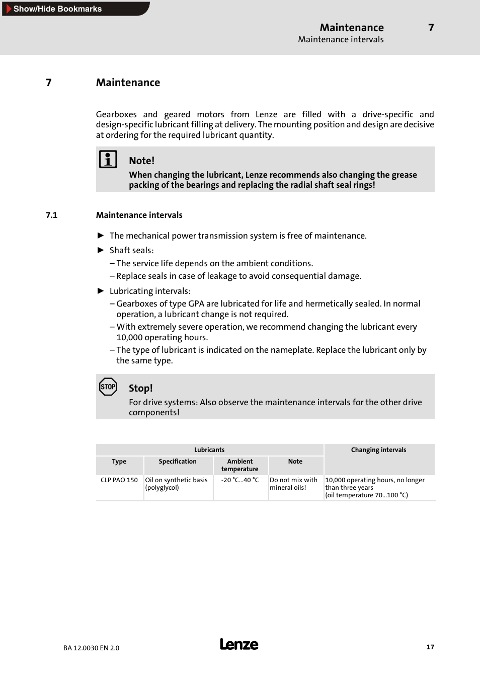 7 maintenance, 1 maintenance intervals, Maintenance | 7maintenance | Lenze GPA servo planetary geared motors User Manual | Page 17 / 23