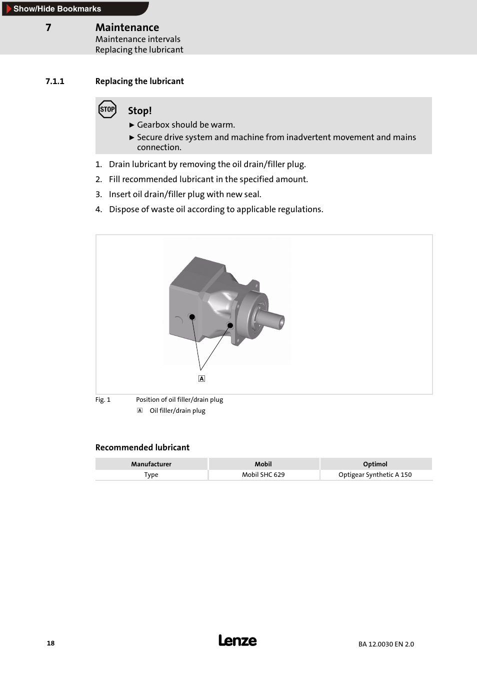 1 replacing the lubricant, Replacing the lubricant, Maintenance | Lenze GPA servo planetary geared motors User Manual | Page 18 / 23