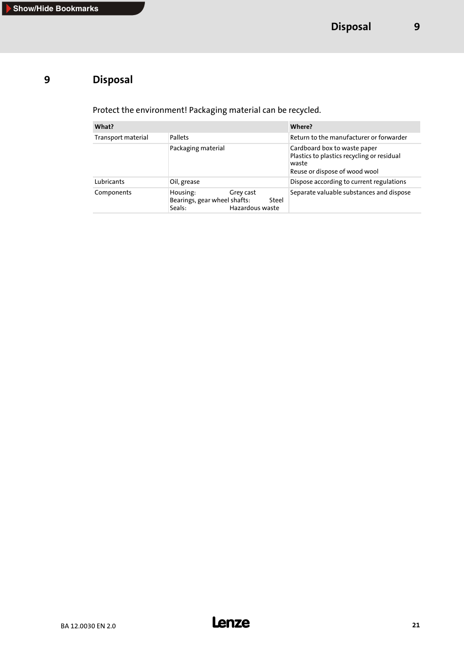9 disposal, Disposal, Disposal 9 | 9disposal | Lenze GPA servo planetary geared motors User Manual | Page 21 / 23
