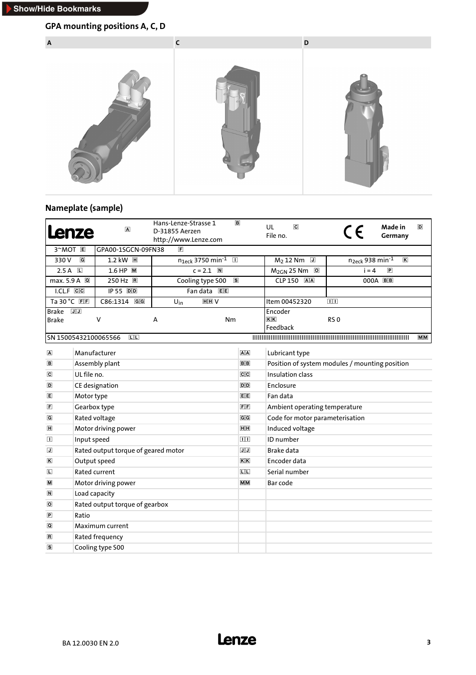 Gpa mounting positions a, c, d, Nameplate (sample) | Lenze GPA servo planetary geared motors User Manual | Page 3 / 23