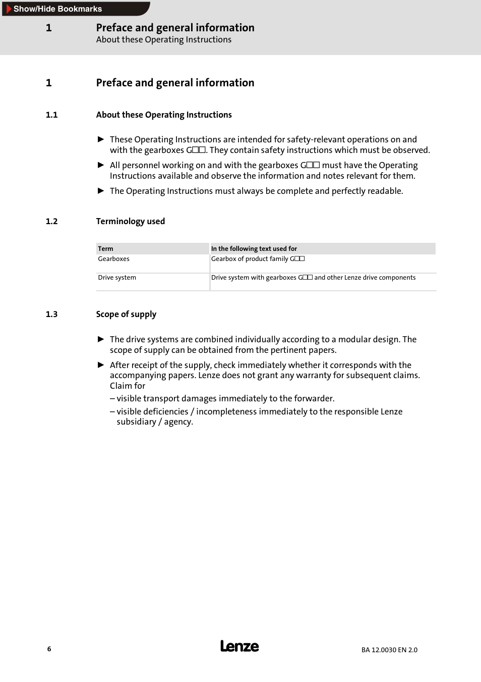 1 preface and general information, 1 about these operating instructions, 2 terminology used | 3 scope of supply, Preface and general information, 1preface and general information | Lenze GPA servo planetary geared motors User Manual | Page 6 / 23