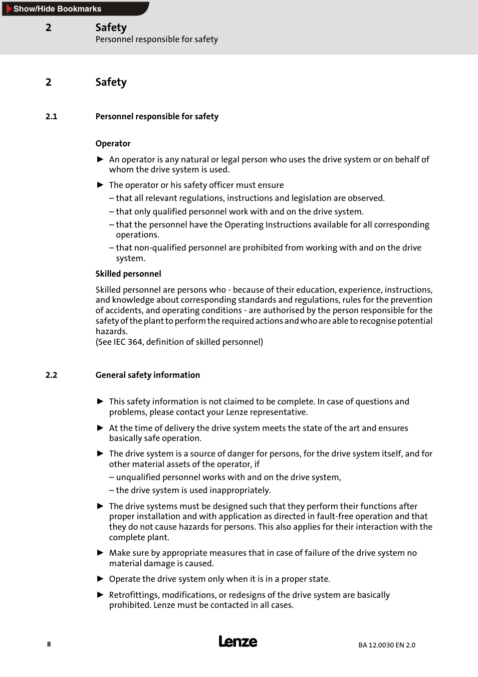 2 safety, 1 personnel responsible for safety, 2 general safety information | Safety, 2safety | Lenze GPA servo planetary geared motors User Manual | Page 8 / 23