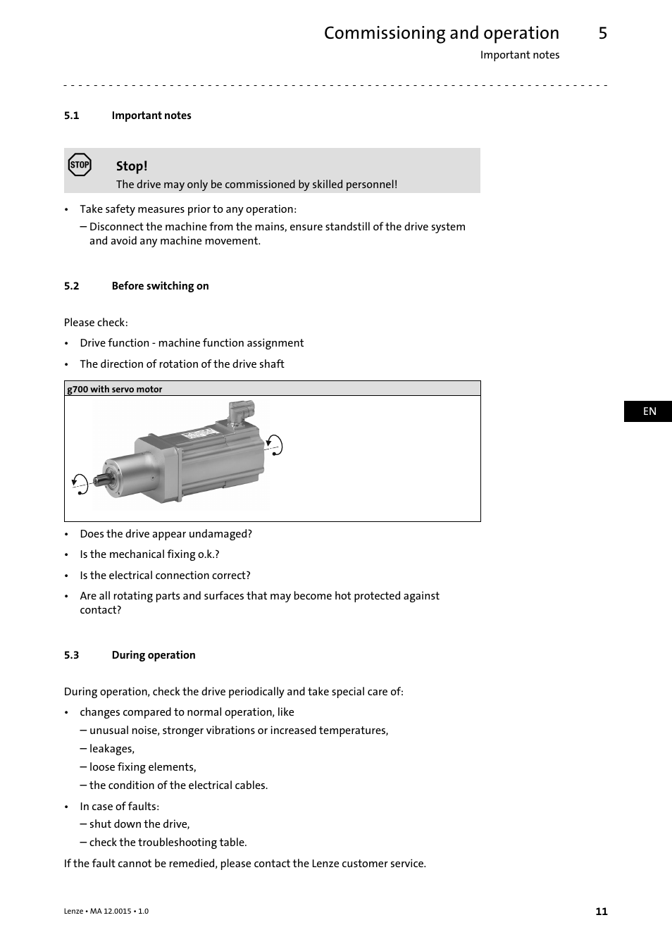 5 commissioning and operation, 1 important notes, 2 before switching on | 3 during operation, Commissioning and operation, Important notes, Before switching on, During operation | Lenze g700 Planetary gearboxes with servo User Manual | Page 11 / 16