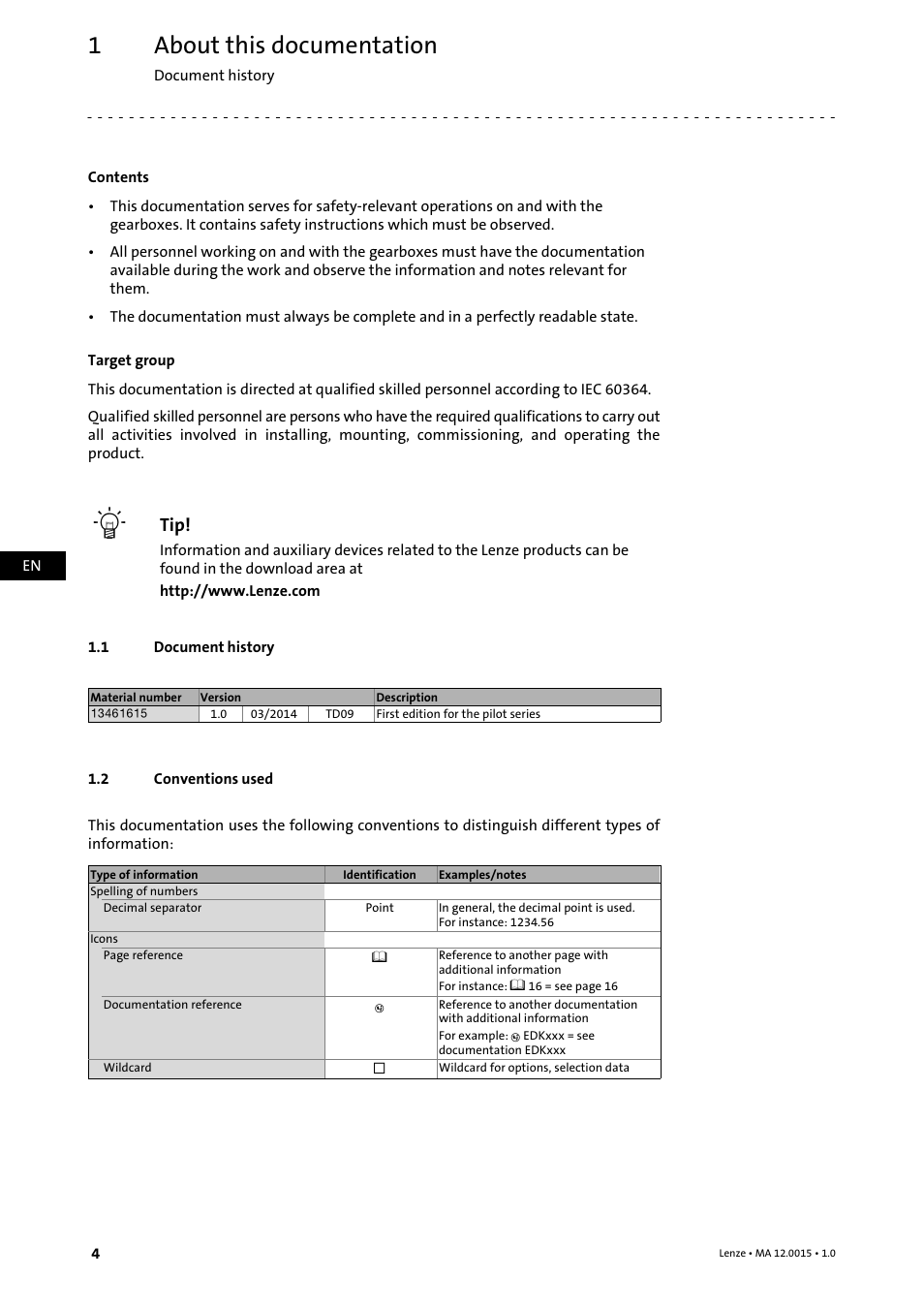 1 about this documentation, 1 document history, 2 conventions used | About this documentation, Document history, Conventions used | Lenze g700 Planetary gearboxes with servo User Manual | Page 4 / 16