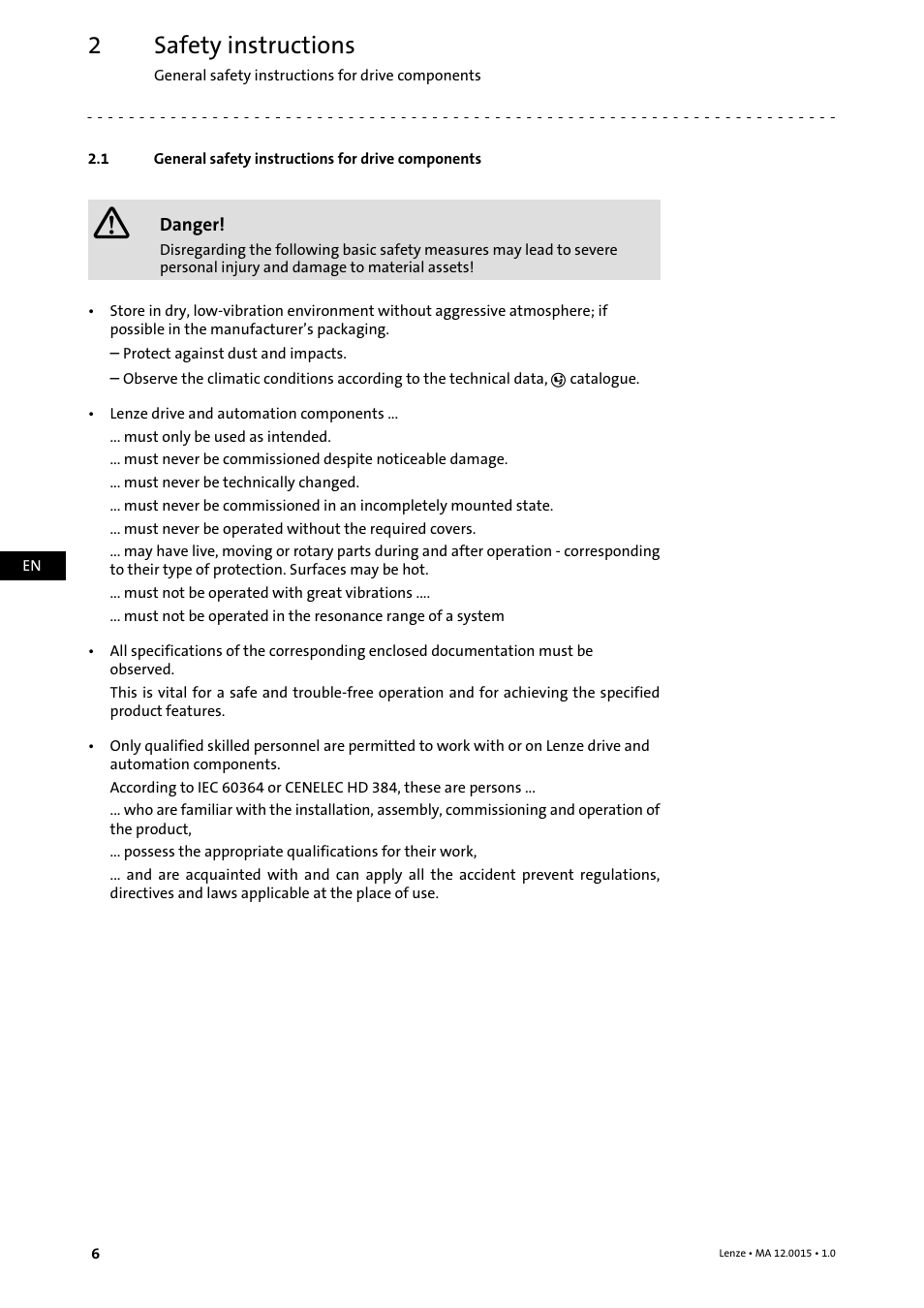 2 safety instructions, 1 general safety instructions for drive components, Safety instructions | General safety instructions for drive components | Lenze g700 Planetary gearboxes with servo User Manual | Page 6 / 16