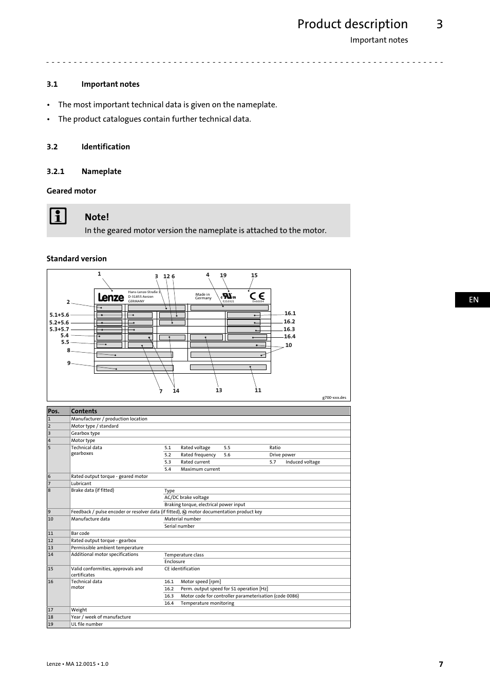 3 product description, 1 important notes, 2 identification | 1 nameplate, Product description, Important notes, Identification, Nameplate, En 7 | Lenze g700 Planetary gearboxes with servo User Manual | Page 7 / 16