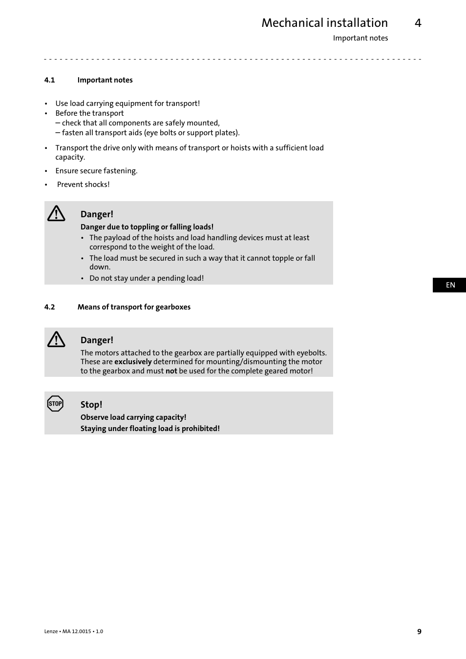 4 mechanical installation, 1 important notes, 2 means of transport for gearboxes | Mechanical installation, Important notes, Means of transport for gearboxes | Lenze g700 Planetary gearboxes with servo User Manual | Page 9 / 16