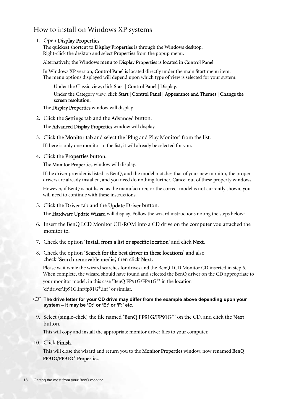 How to install on windows xp systems | BenQ FP91G User Manual | Page 13 / 36