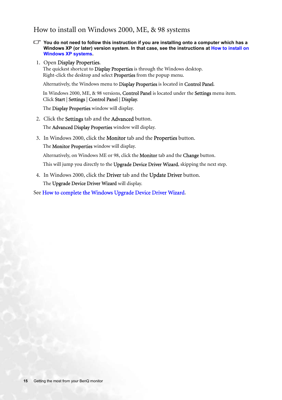 How to install on windows 2000, me, & 98 systems | BenQ FP91G User Manual | Page 15 / 36