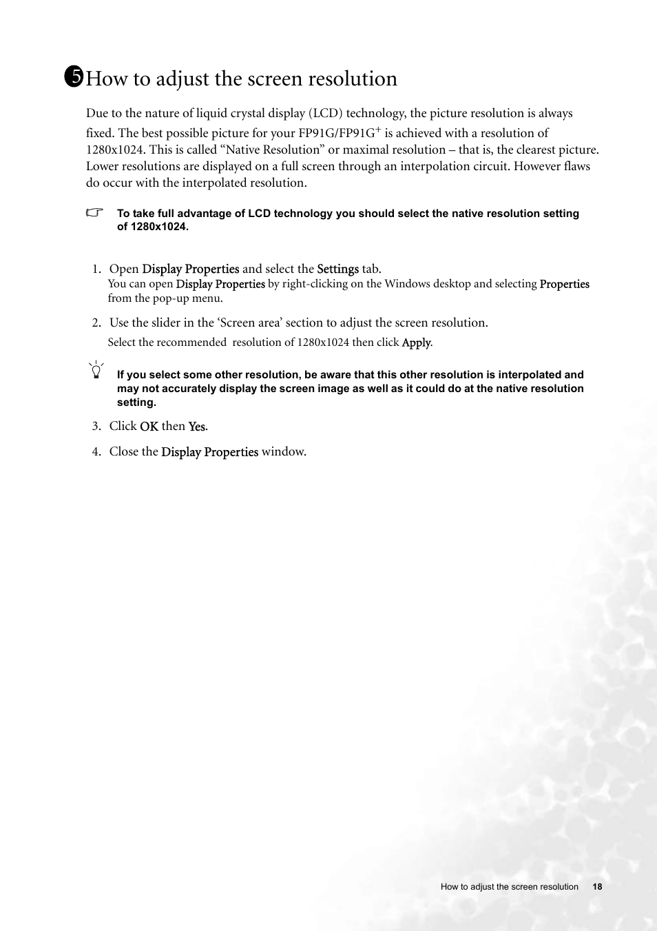 How to adjust the screen resolution | BenQ FP91G User Manual | Page 18 / 36