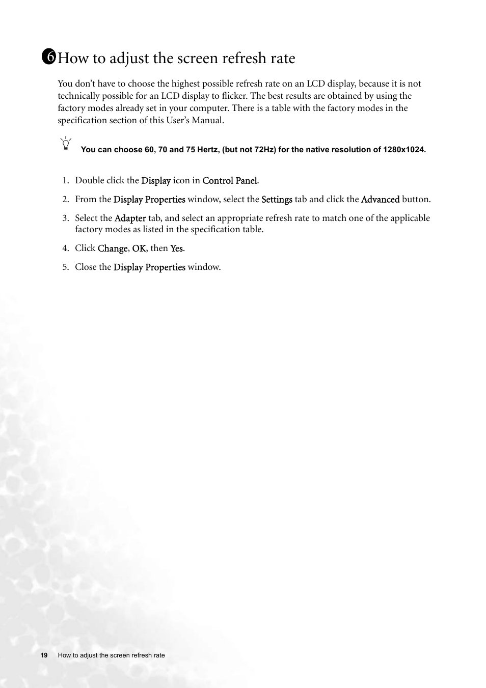 How to adjust the screen refresh rate, For de | BenQ FP91G User Manual | Page 19 / 36