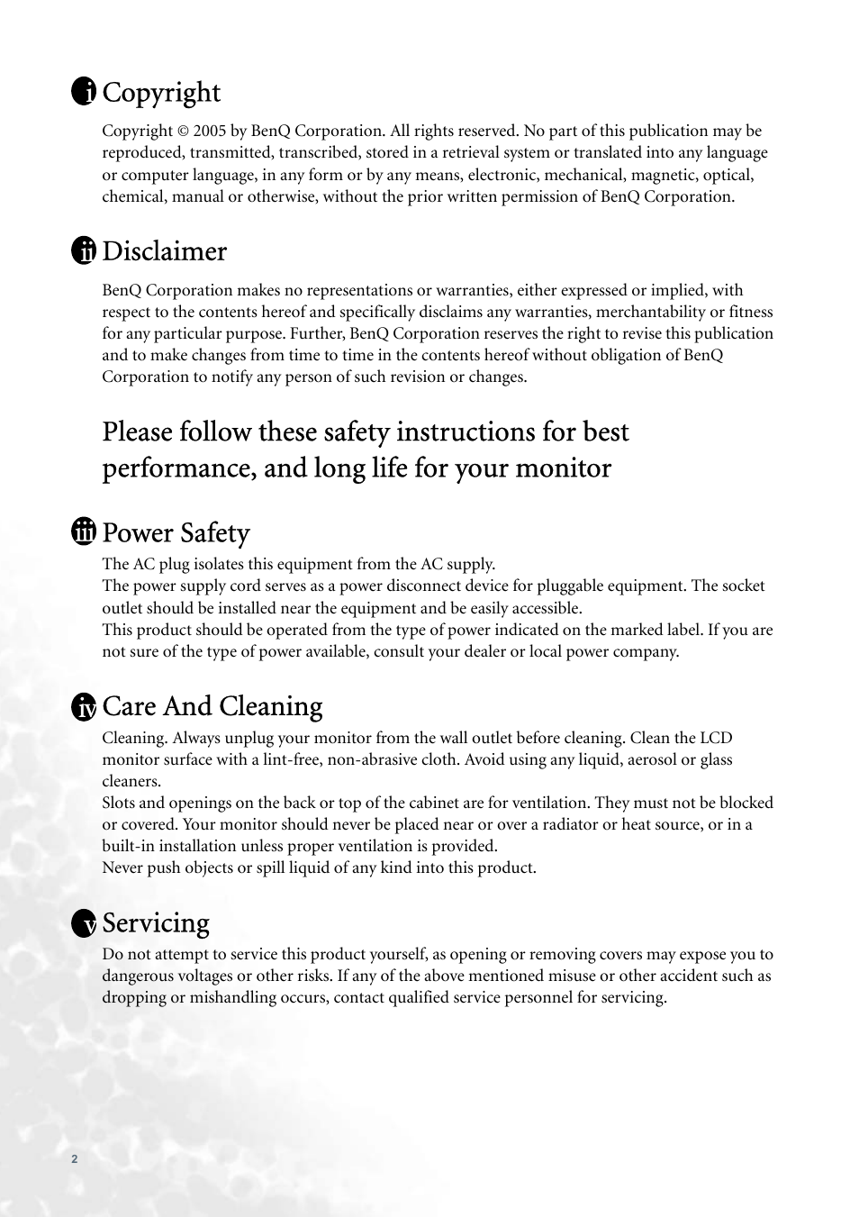 Copyright, Disclaimer, Care and cleaning | Servicing, Iii iv v | BenQ FP91G User Manual | Page 2 / 36