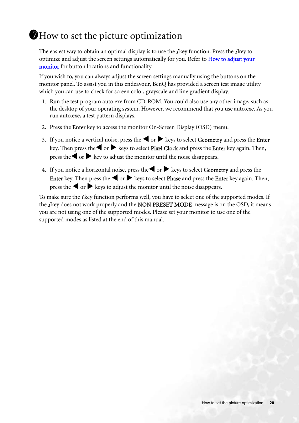 How to set the picture optimization | BenQ FP91G User Manual | Page 20 / 36