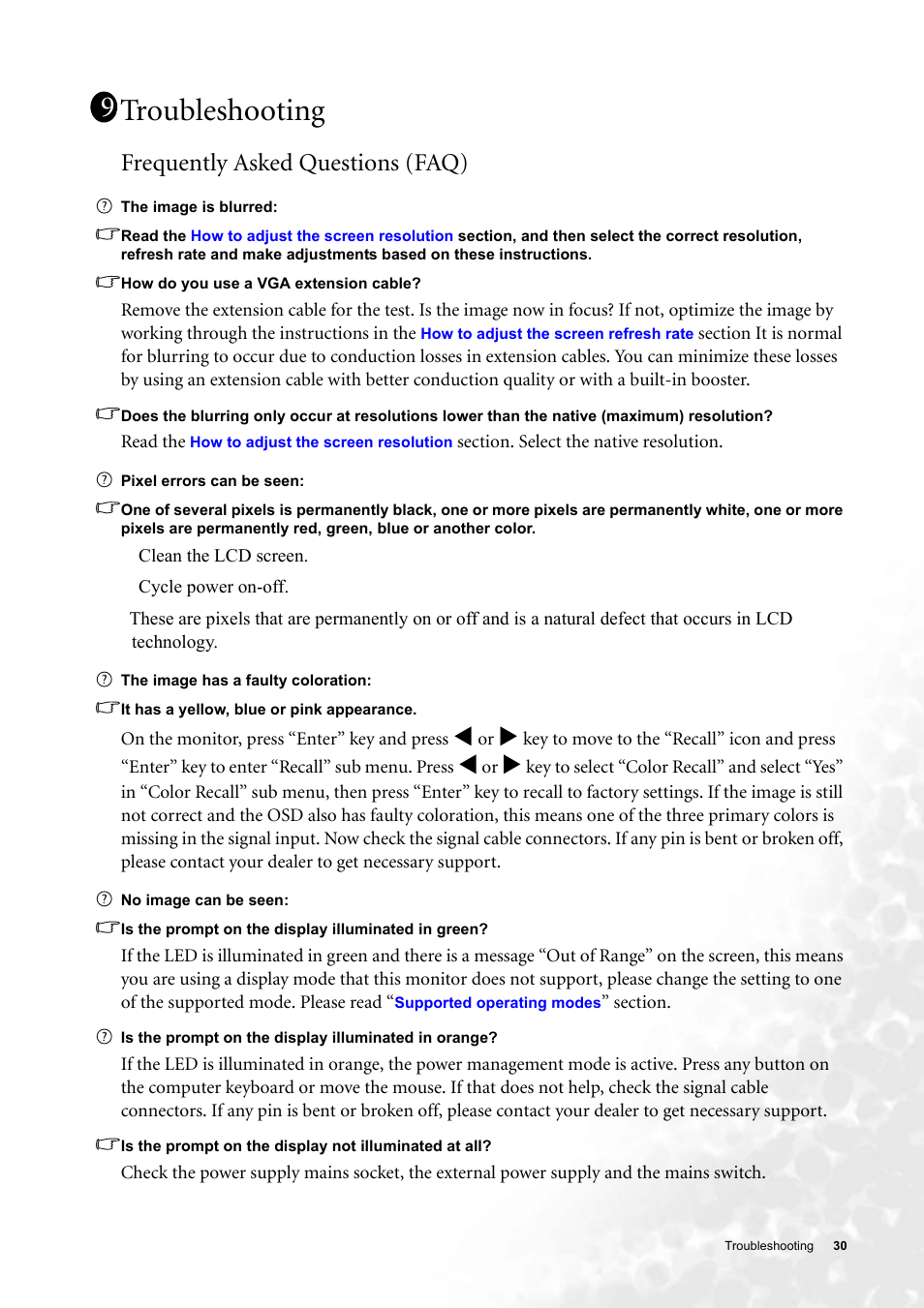 Troubleshooting, Frequently asked questions (faq) | BenQ FP91G User Manual | Page 30 / 36