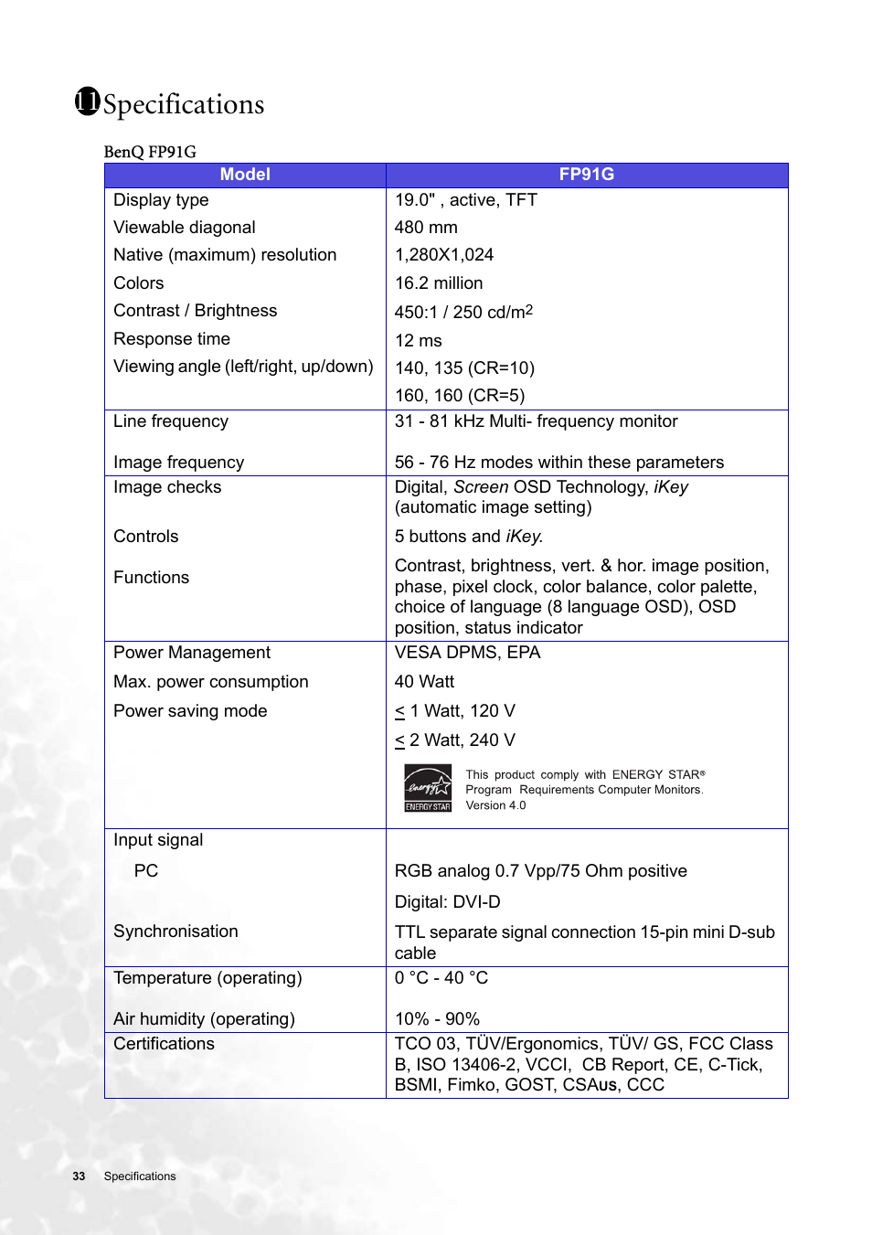 Specifications, Benq fp91g | BenQ FP91G User Manual | Page 33 / 36