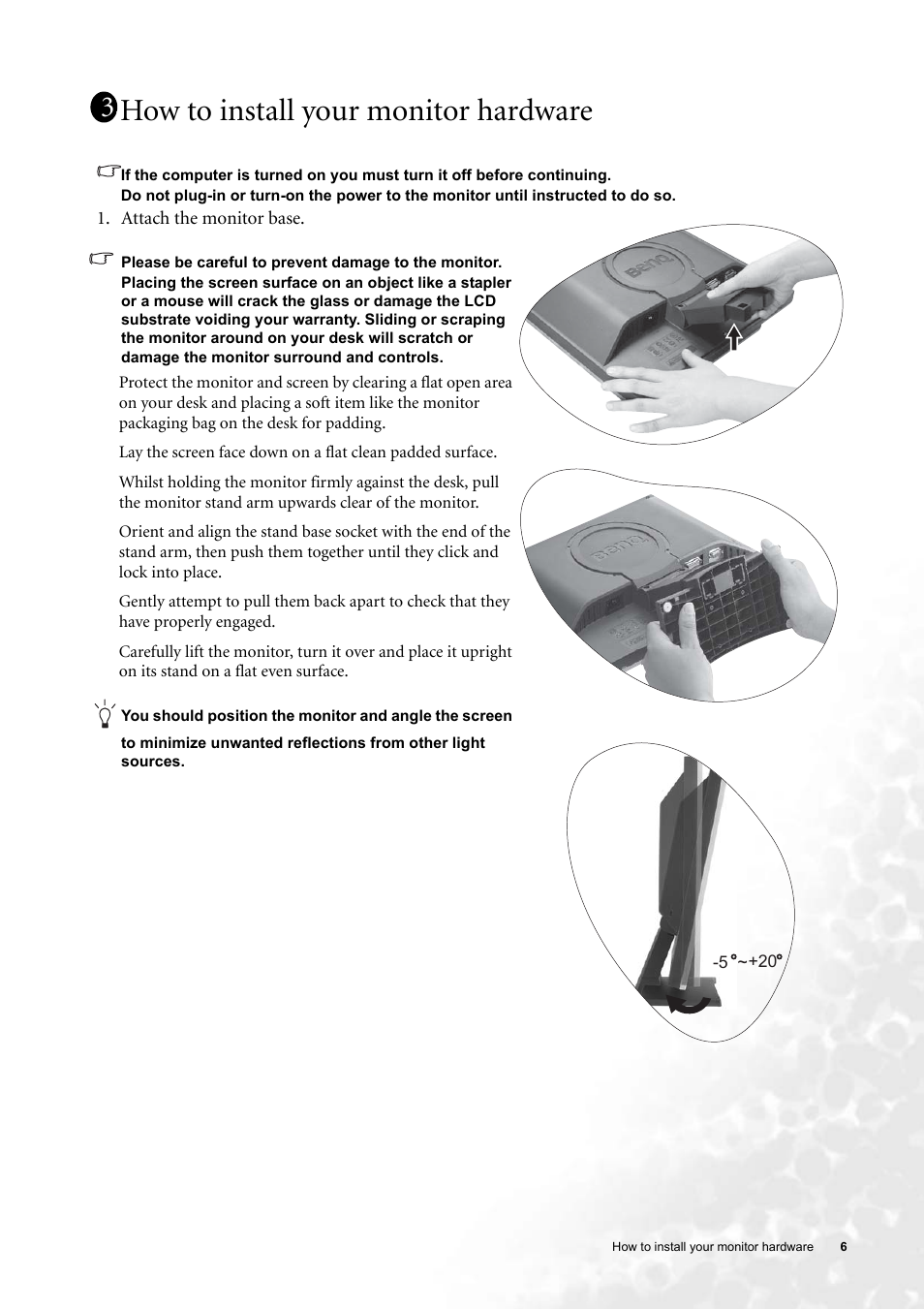 How to install your monitor hardware | BenQ FP91G User Manual | Page 6 / 36