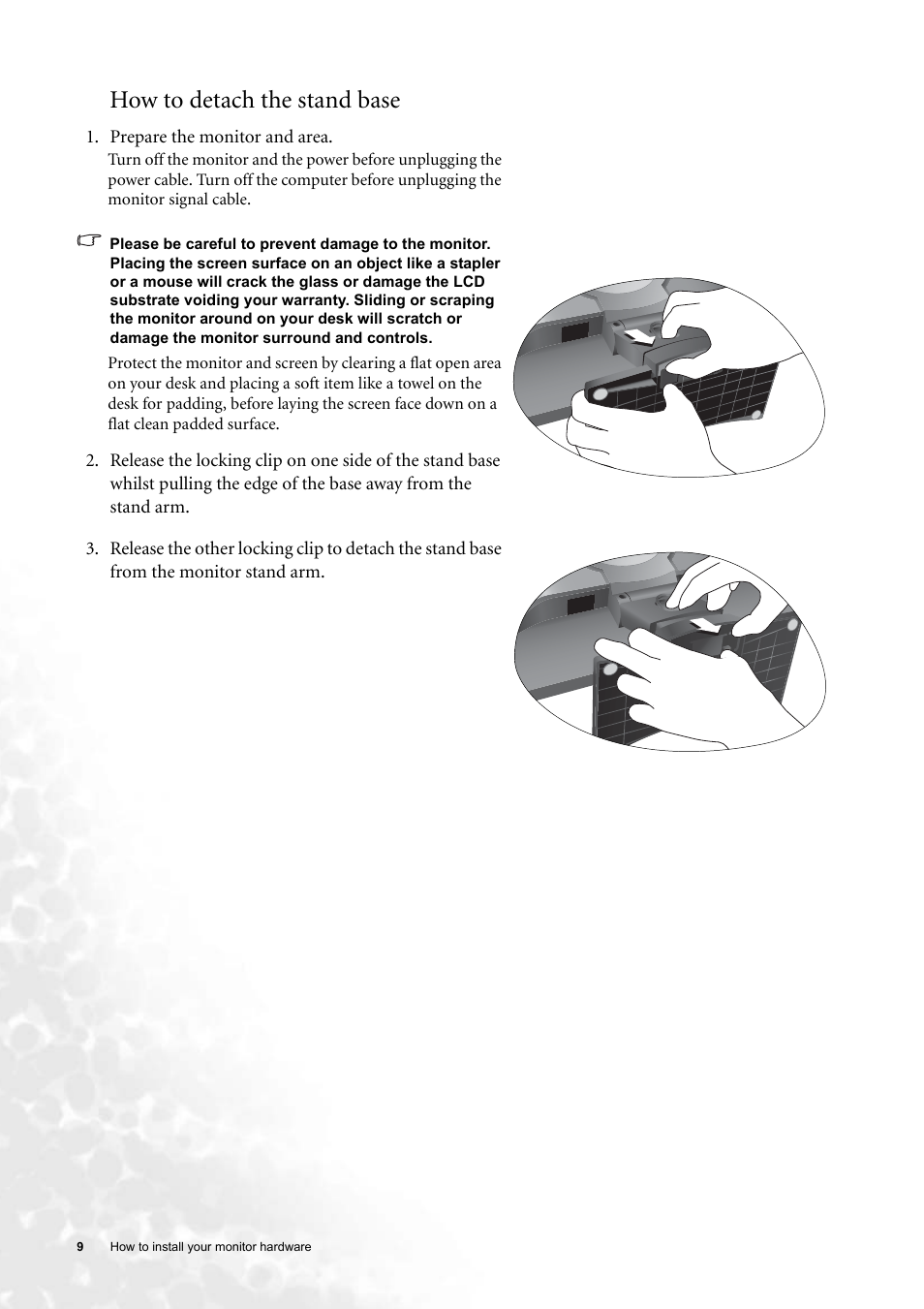 How to detach the stand base | BenQ FP91G User Manual | Page 9 / 36