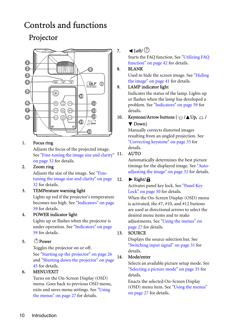 Controls and functions, Projector | BenQ MP723 User Manual | Page 10 / 66