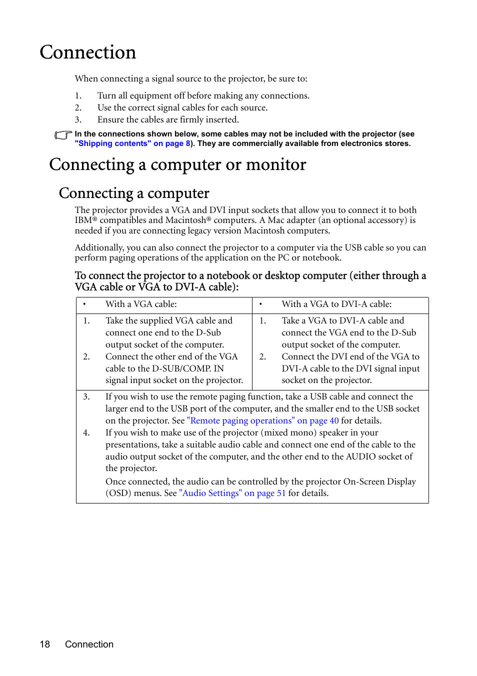 Connection, Connecting a computer or monitor, Connecting a computer | BenQ MP723 User Manual | Page 18 / 66