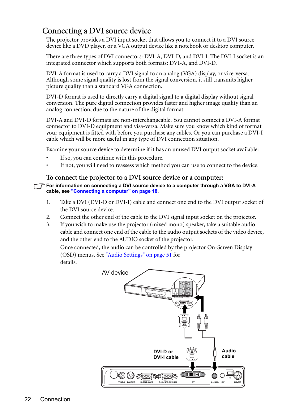 Connecting a dvi source device | BenQ MP723 User Manual | Page 22 / 66