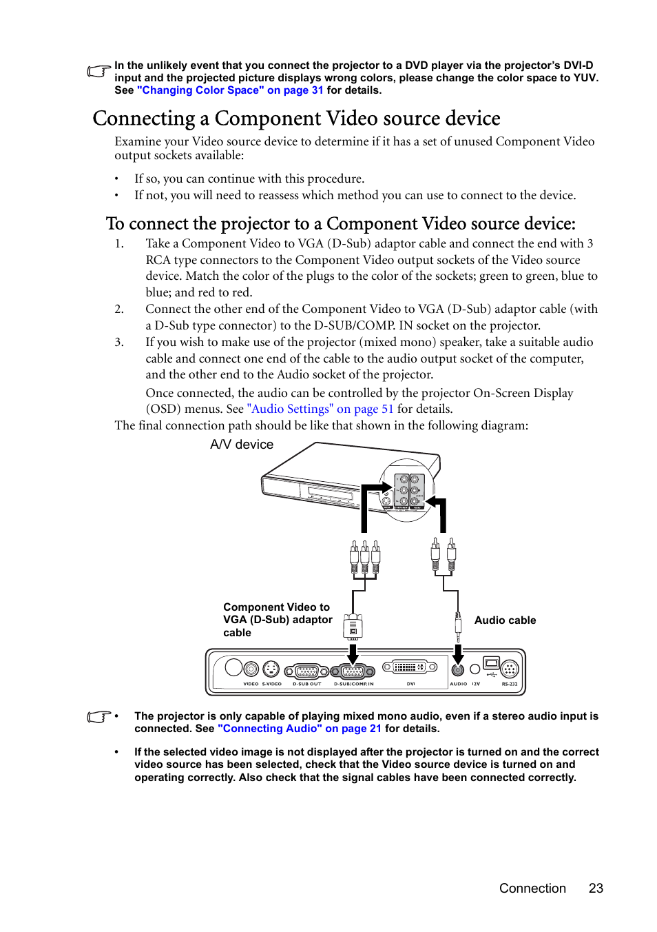 Connecting a component video source device | BenQ MP723 User Manual | Page 23 / 66