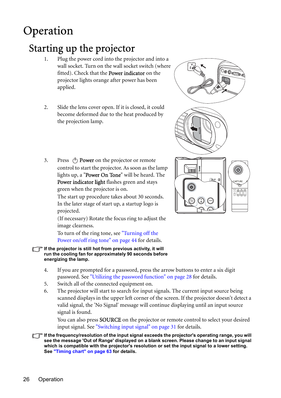 Operation, Starting up the projector | BenQ MP723 User Manual | Page 26 / 66