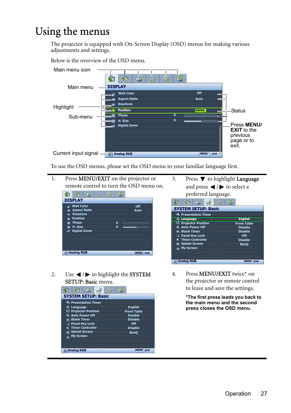 Using the menus, Using, Using the menus" on | Operation 27 | BenQ MP723 User Manual | Page 27 / 66