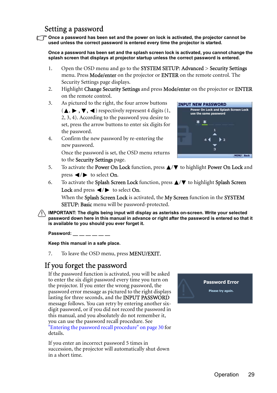 Setting a password, If you forget the password | BenQ MP723 User Manual | Page 29 / 66