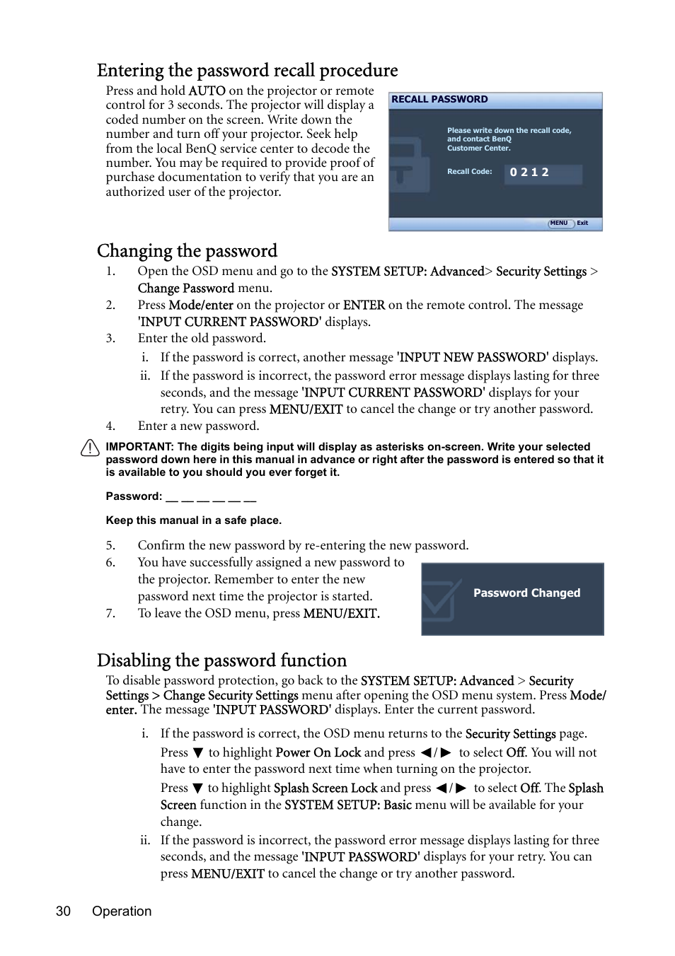 Entering the password recall procedure, Changing the password, Disabling the password function | BenQ MP723 User Manual | Page 30 / 66