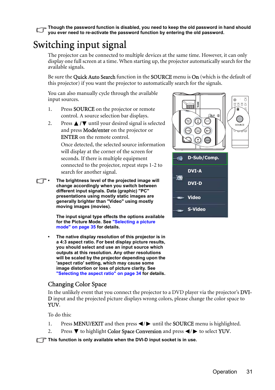 Switching input signal, Changing color space | BenQ MP723 User Manual | Page 31 / 66