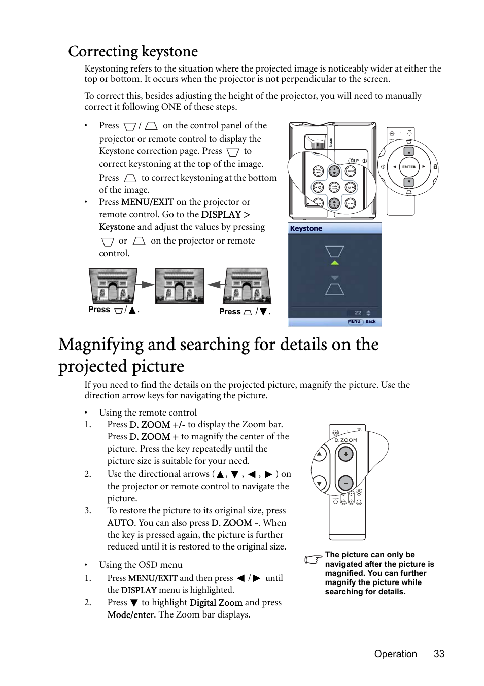 Correcting keystone, Magnifying and searching for, On. see | Correcting keystone" on | BenQ MP723 User Manual | Page 33 / 66