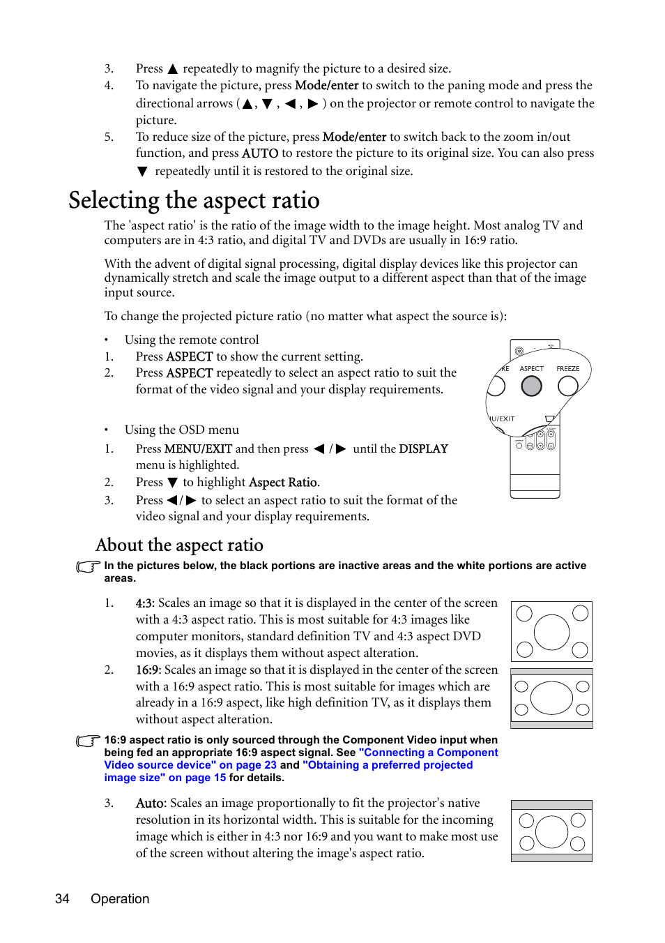 Selecting the aspect ratio, About the aspect ratio | BenQ MP723 User Manual | Page 34 / 66