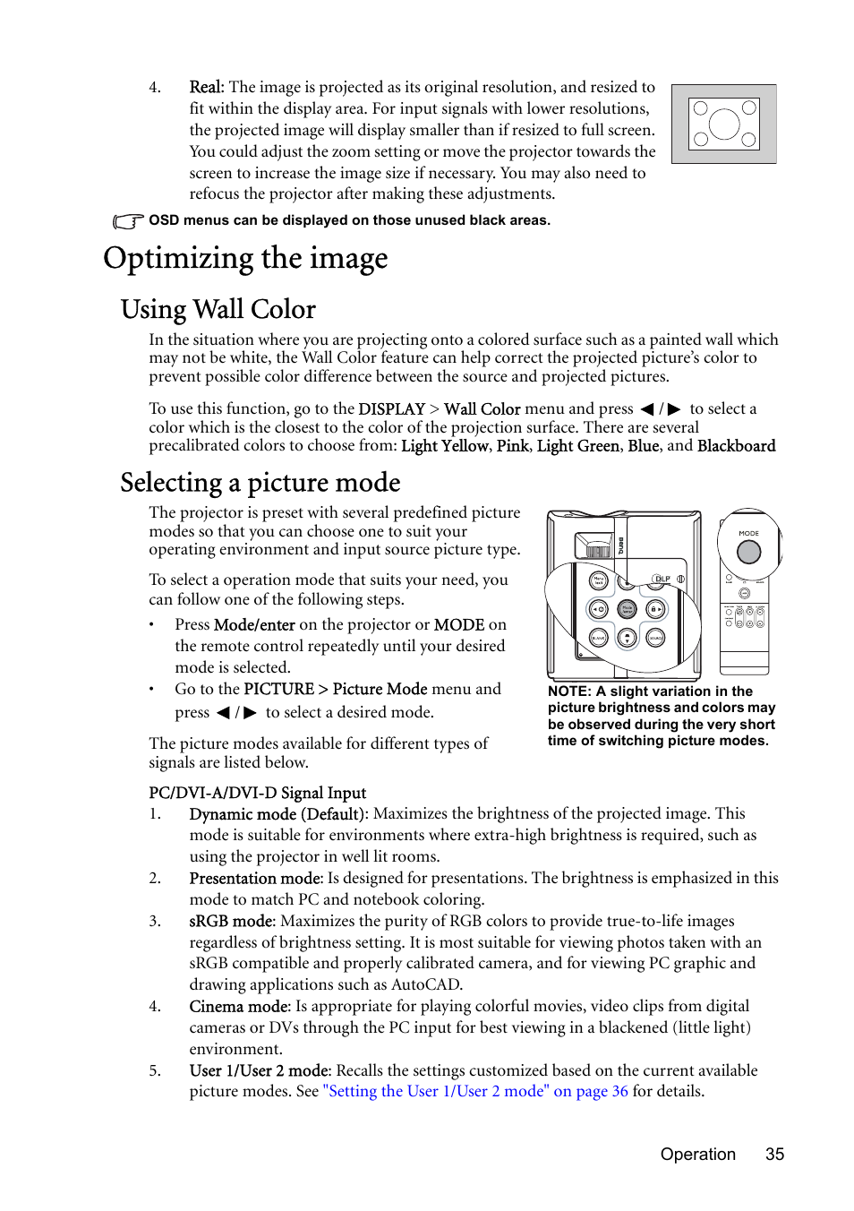 Optimizing the image, Using wall color, Selecting a picture mode | Selecting a picture | BenQ MP723 User Manual | Page 35 / 66