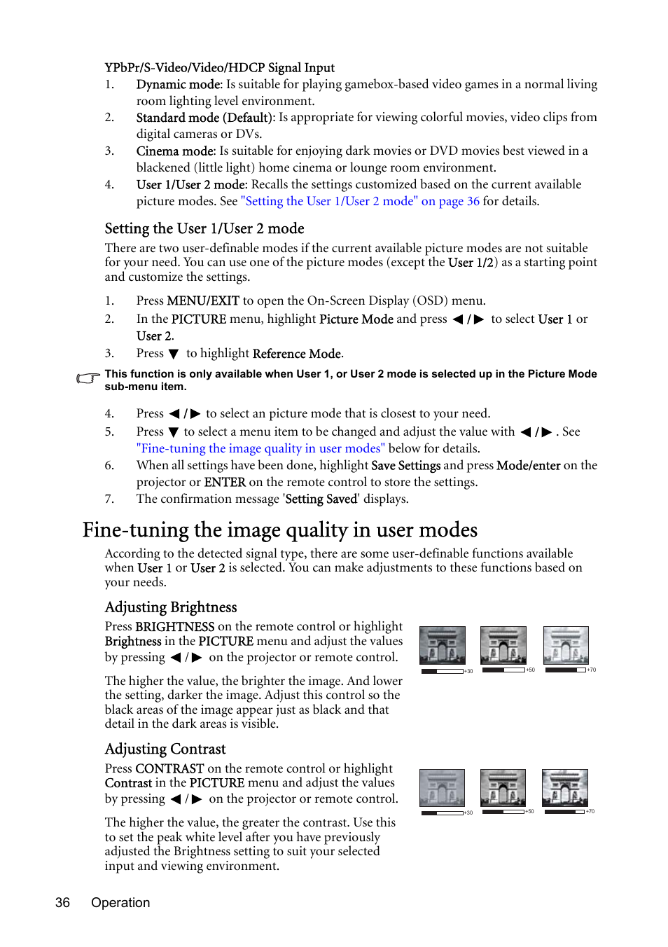 Fine-tuning the image quality in user modes, Adjusting, Adjusting contrast | Setting the user 1/user 2 mode, Adjusting brightness | BenQ MP723 User Manual | Page 36 / 66