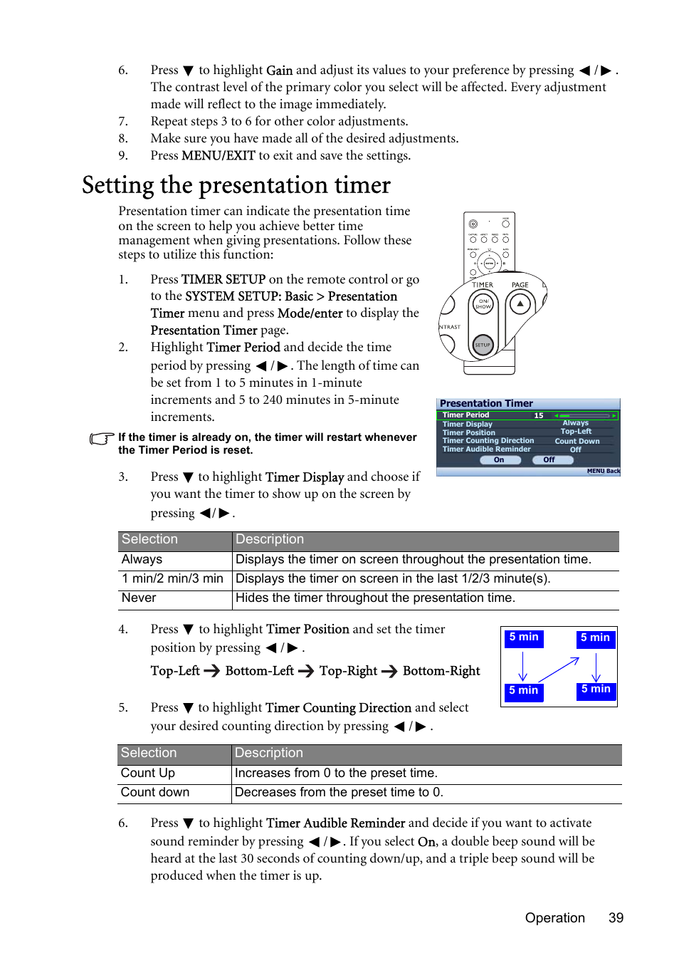 Setting the presentation timer, Setting the presentation timer" on | BenQ MP723 User Manual | Page 39 / 66