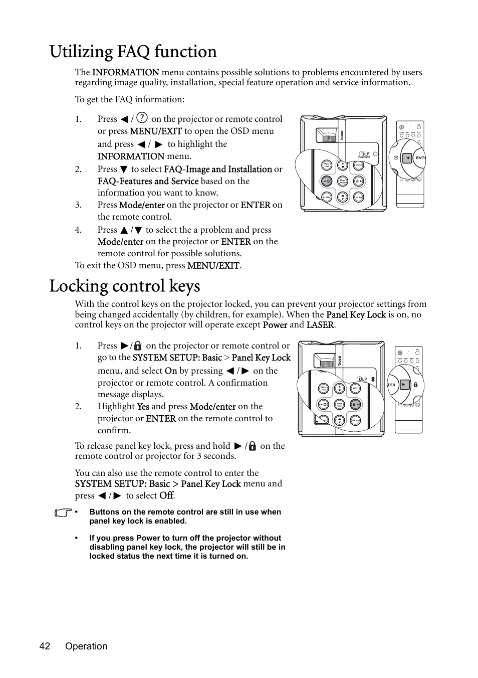 Utilizing faq function, Locking control keys, Utilizing faq function locking control keys | Utilizing faq, On. see, Utilizing | BenQ MP723 User Manual | Page 42 / 66