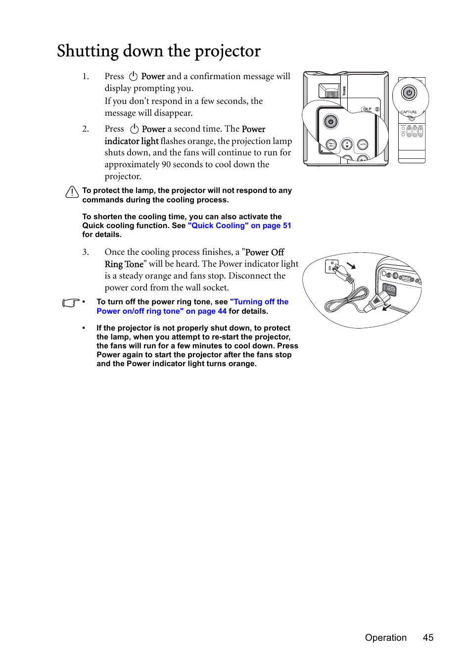 Shutting down the projector | BenQ MP723 User Manual | Page 45 / 66