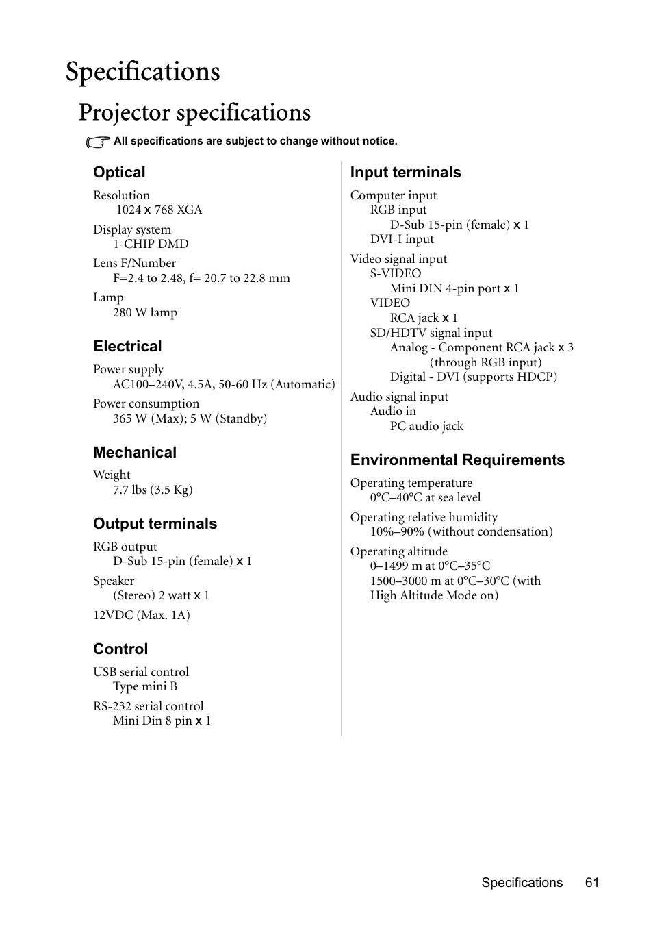 Specifications, Projector specifications | BenQ MP723 User Manual | Page 61 / 66