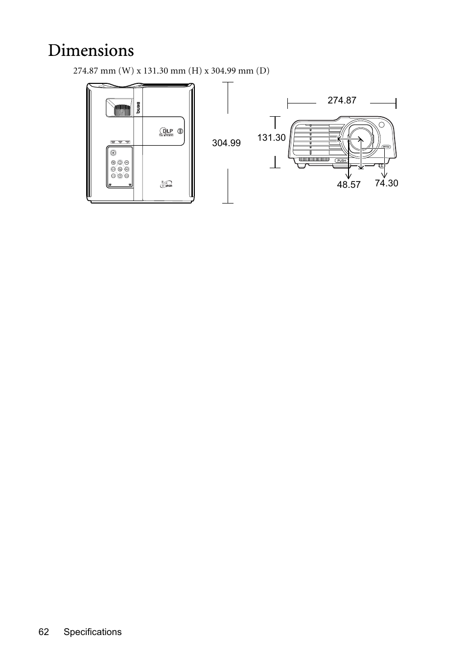 Dimensions | BenQ MP723 User Manual | Page 62 / 66