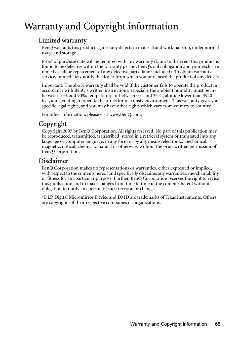 Warranty and copyright information, Limited warranty, Copyright | Disclaimer | BenQ MP723 User Manual | Page 65 / 66
